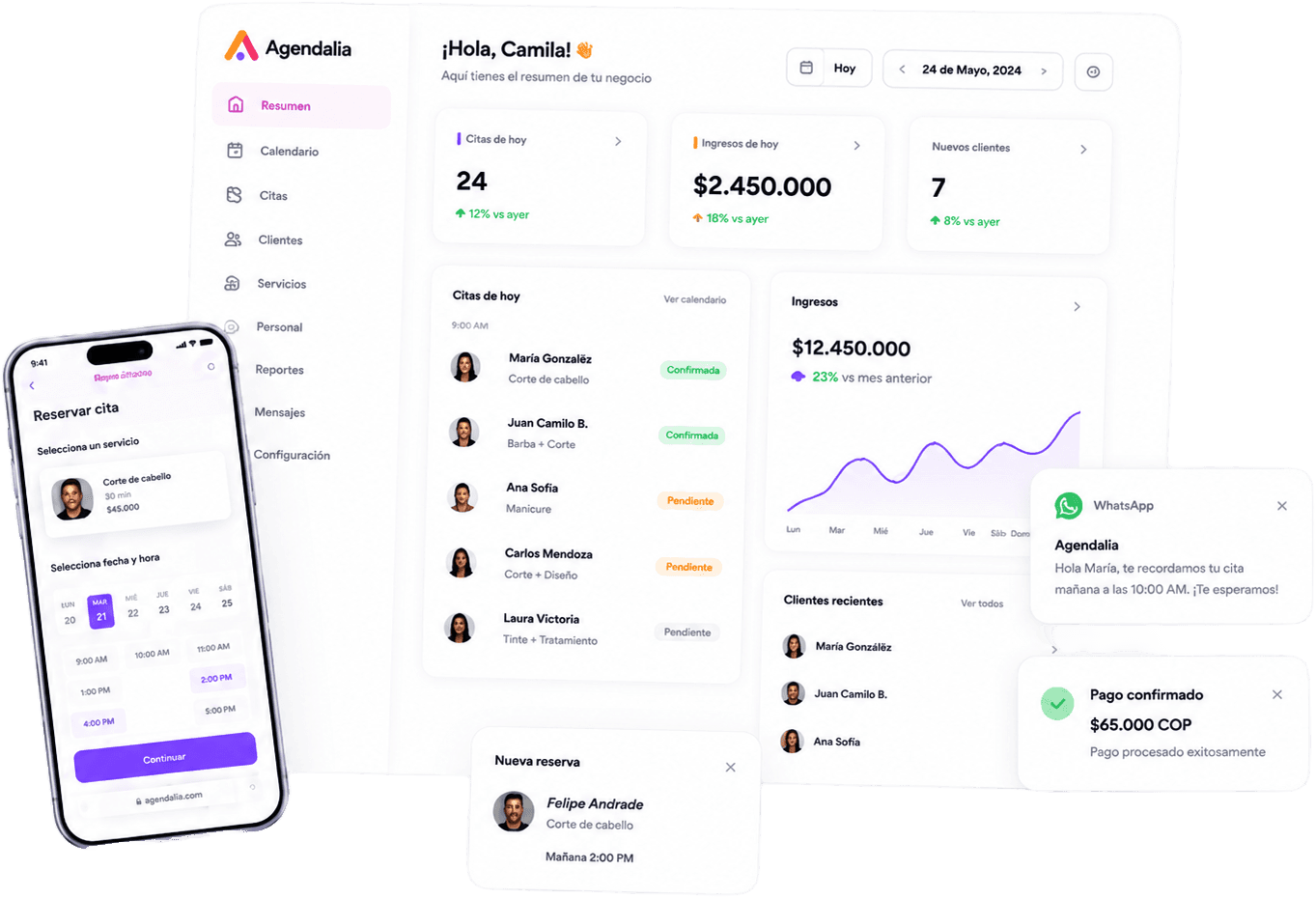Plataforma web de Agendalia: panel de reservas, pagos y clientes
